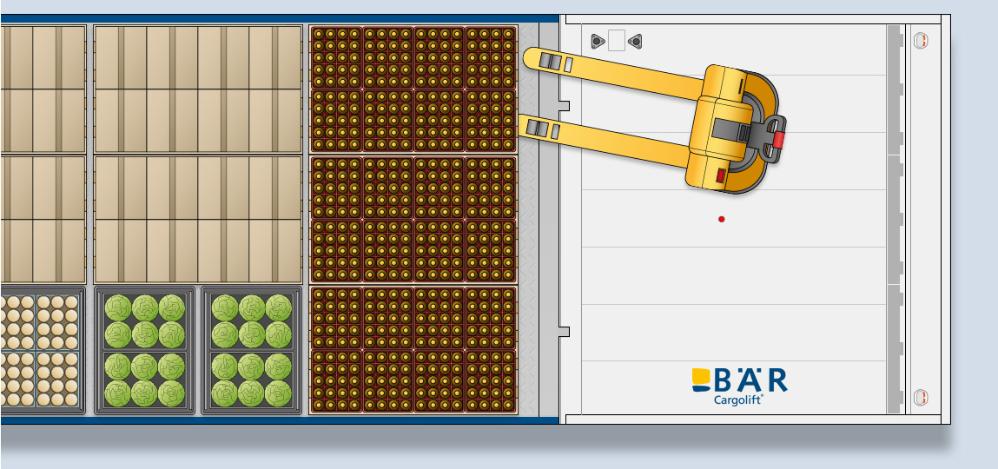 Schémas d'un véhicule et de son chargement, avec hayon élévateur ouvert et transpalette.