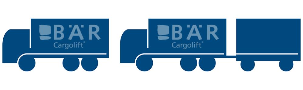 Le pictogramme bleu montre un camion à 3 essieux et un camion avec remorque vu de côté avec le logo Bar Cargolift