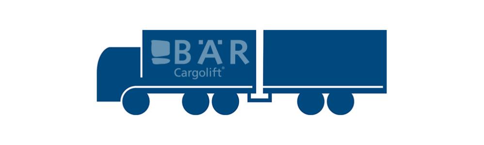 Le pictogramme bleu montre un camion à 3 essieux avec attelage bas vu de côté, avec le logo Bar Cargolift.