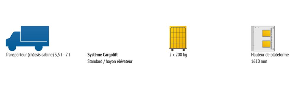 L'exemple 1 recherche un hayon élévateur BAR avec une hauteur de plate-forme de 1610 mm pour transporter 2 conteneurs dans un camion léger