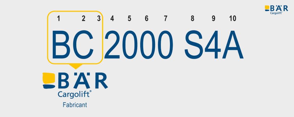 Nom du produit BC 2000 S4A avec le texte BC mis en évidence comme fabricant Bar Cargolift