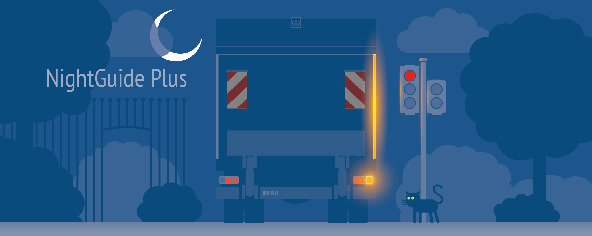 Illustration d'un camion arrêté de nuit à un feu rouge : tout le bord extérieur droit de la plateforme clignote au rythme du clignotant et les plots réfléchissants renvoient la lumière