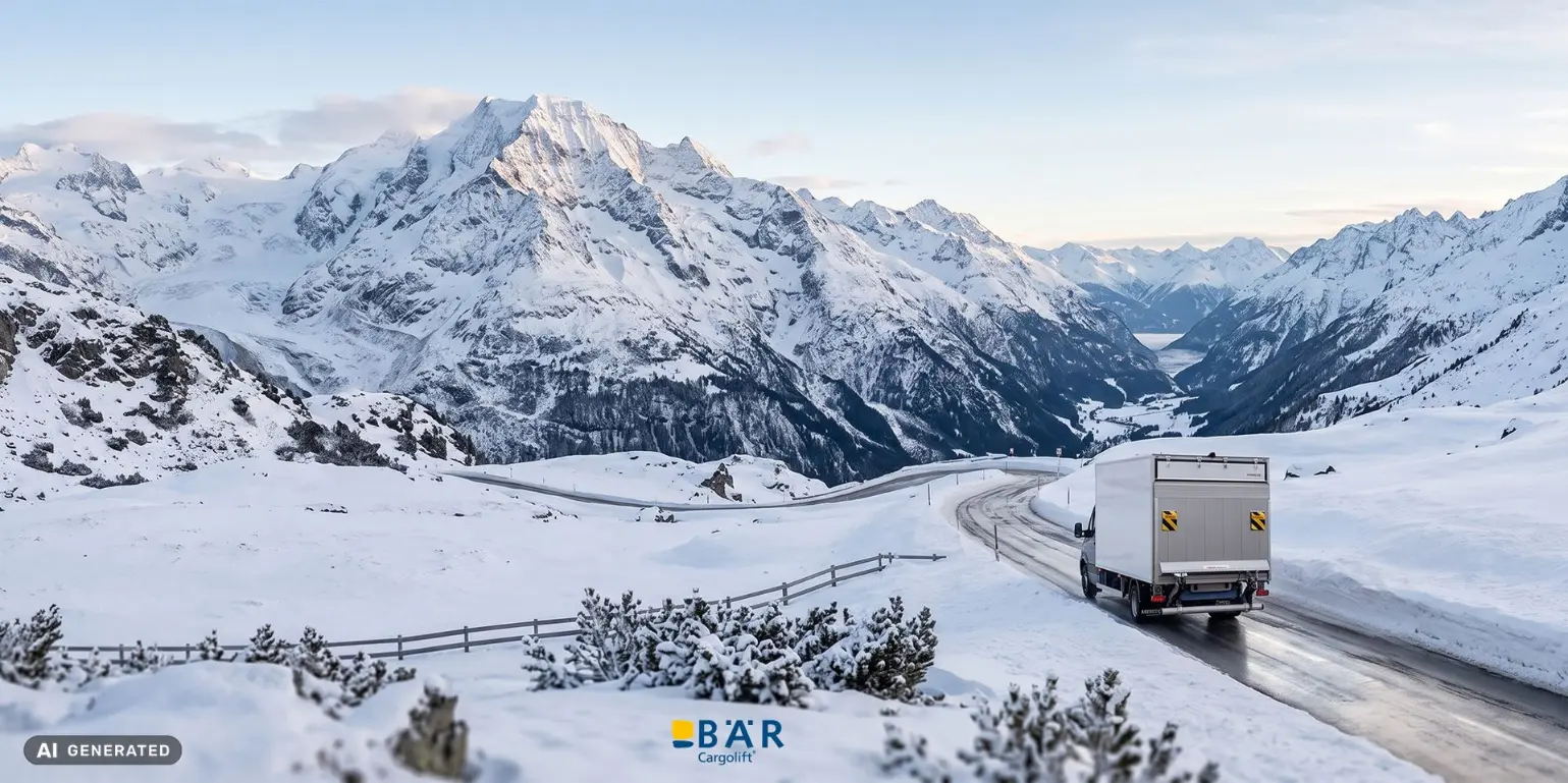 Un fourgon équipé d'un hayon élévateur Bar robuste et fiable roule à travers des montagnes enneigées